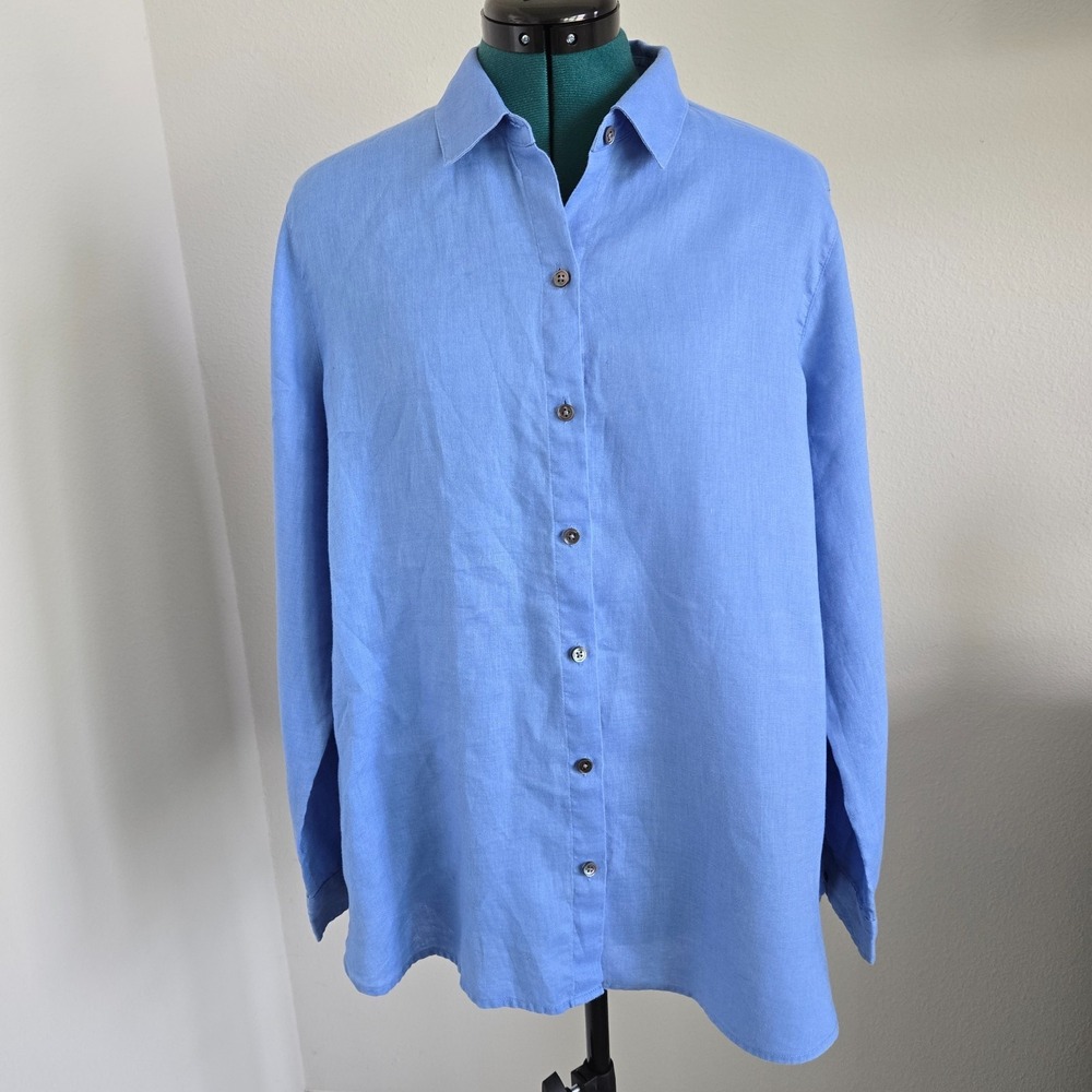J. Jill Love Linen Womens Button up Shirt Long Sleeves Blue Size Medium Classic